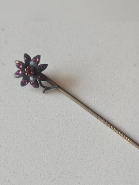 Antique French Sterling Silver Flower Ruby Cabochon Stick Pin Art Nouveau
